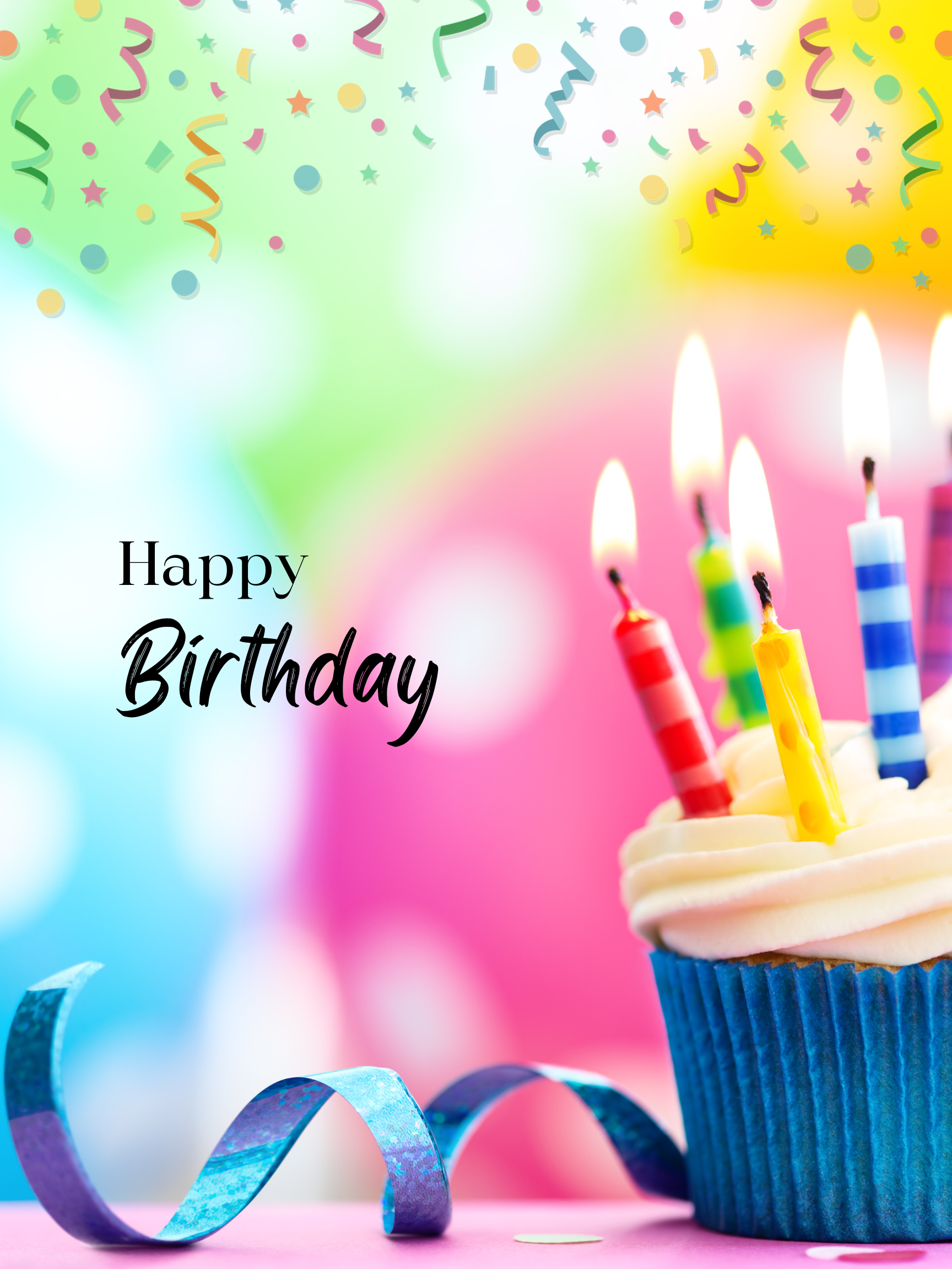 A happy birthday card with a cupcake and candles
