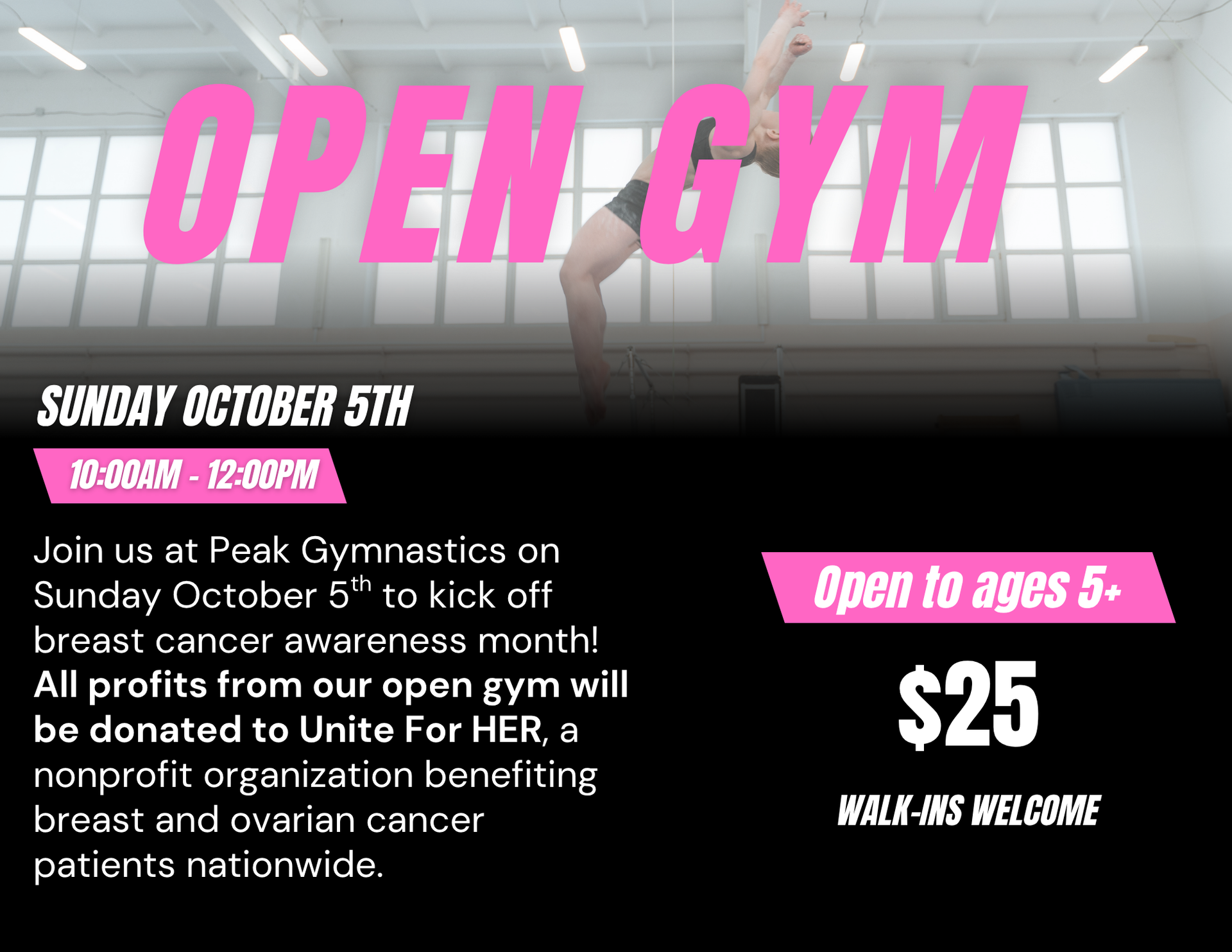 Pink open gym flyer. Features a gymnast, date, time, price, and event details to benefit Unite For HER.