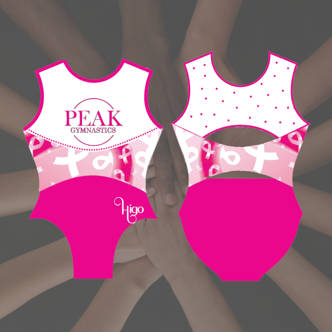 Pink and white gymnastics leotard design with breast cancer awareness ribbons and logo.