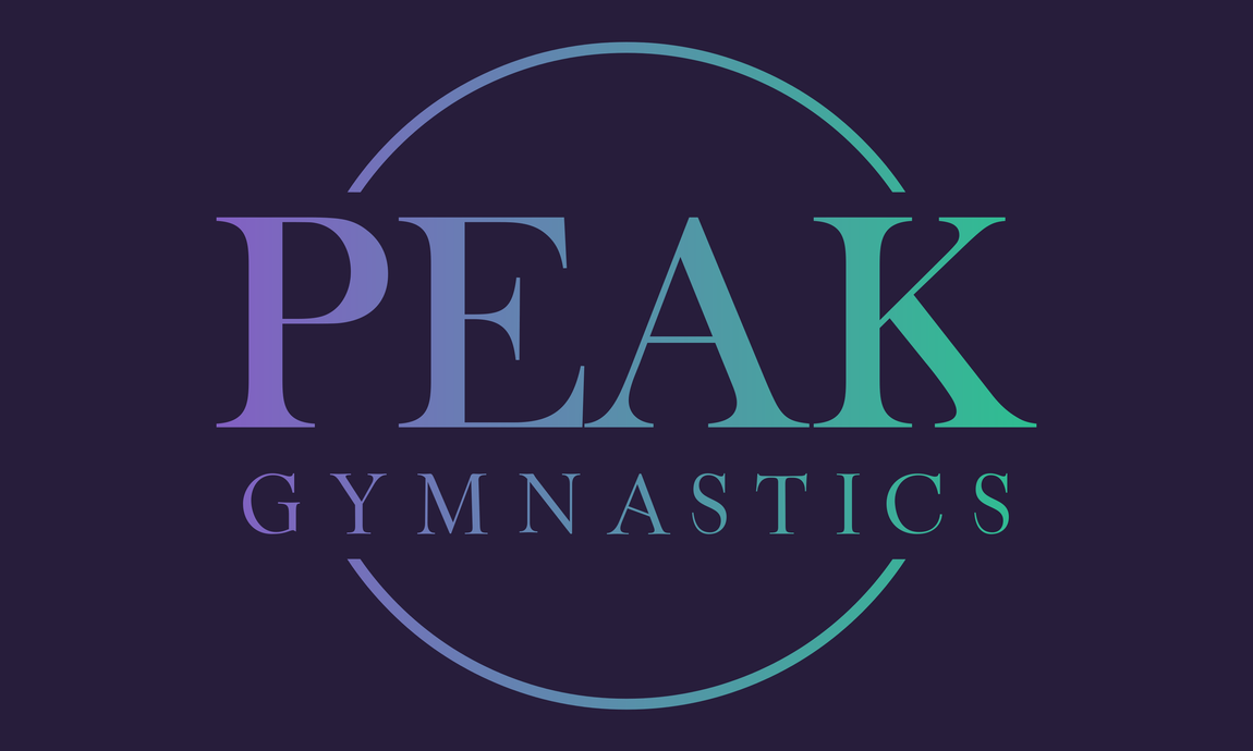 A logo for peak gymnastics on a purple background