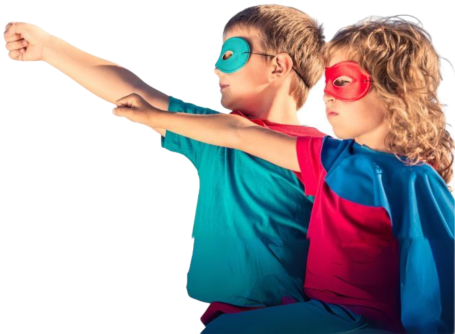 Two children wearing superhero masks and shirts, posing with arms extended.
