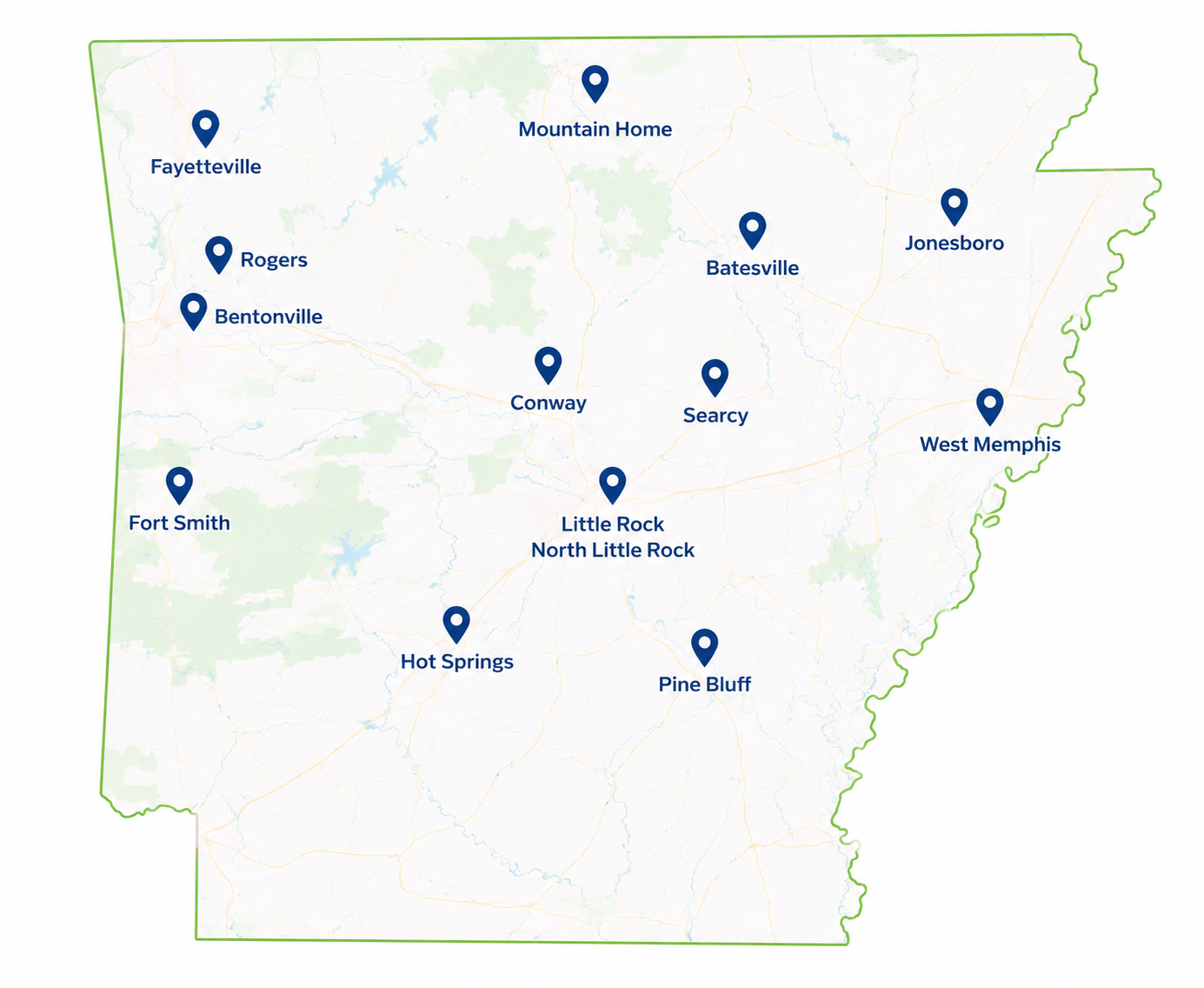 Map of Arkansas with blue location pins marking several cities and landmarks.