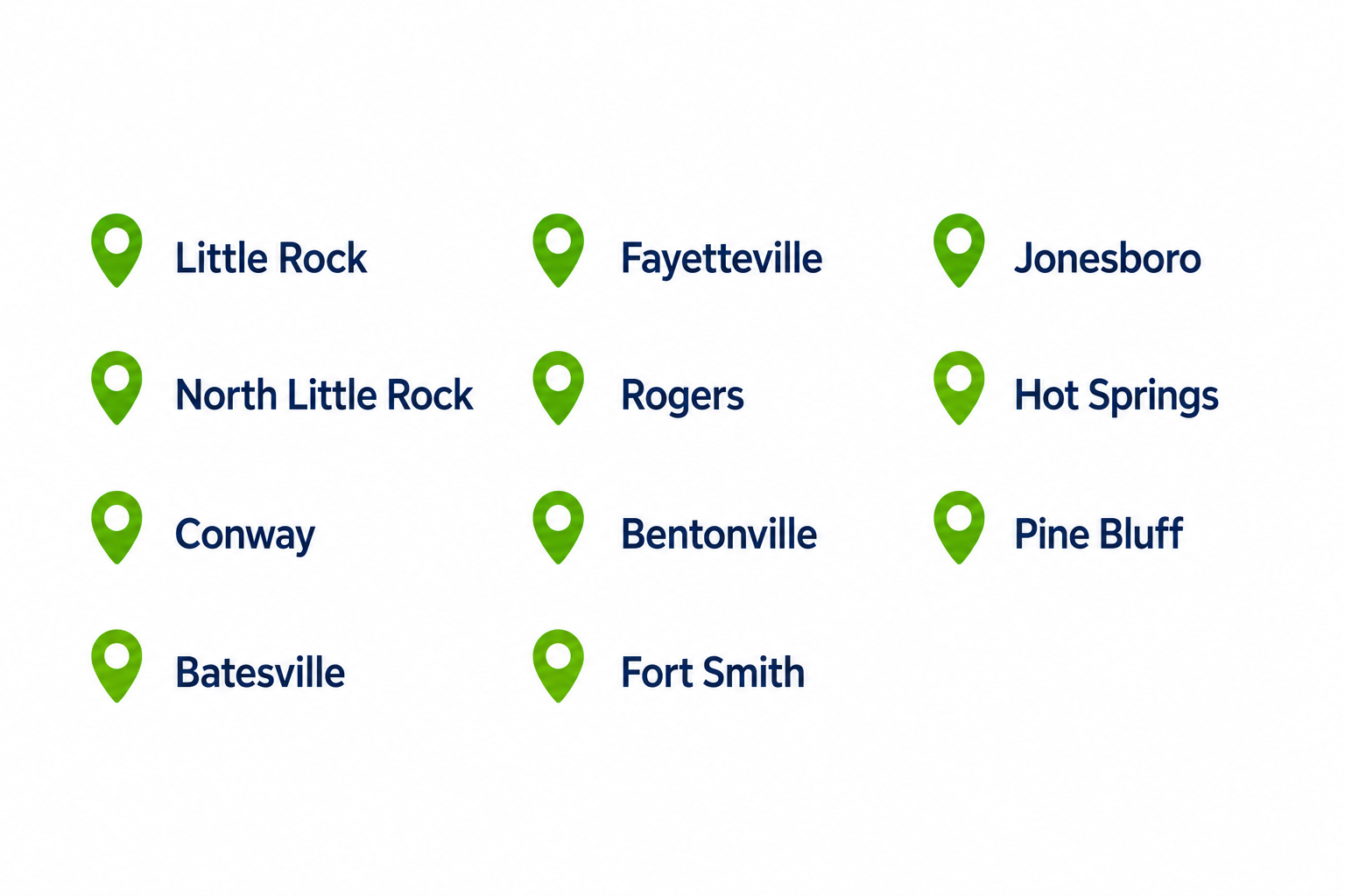 Green location pins marking Arkansas cities on a white background: Little Rock, Fayetteville, Jonesboro, and more