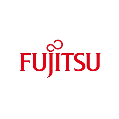 Red Fujitsu logo with stylized infinity symbol above the wordmark