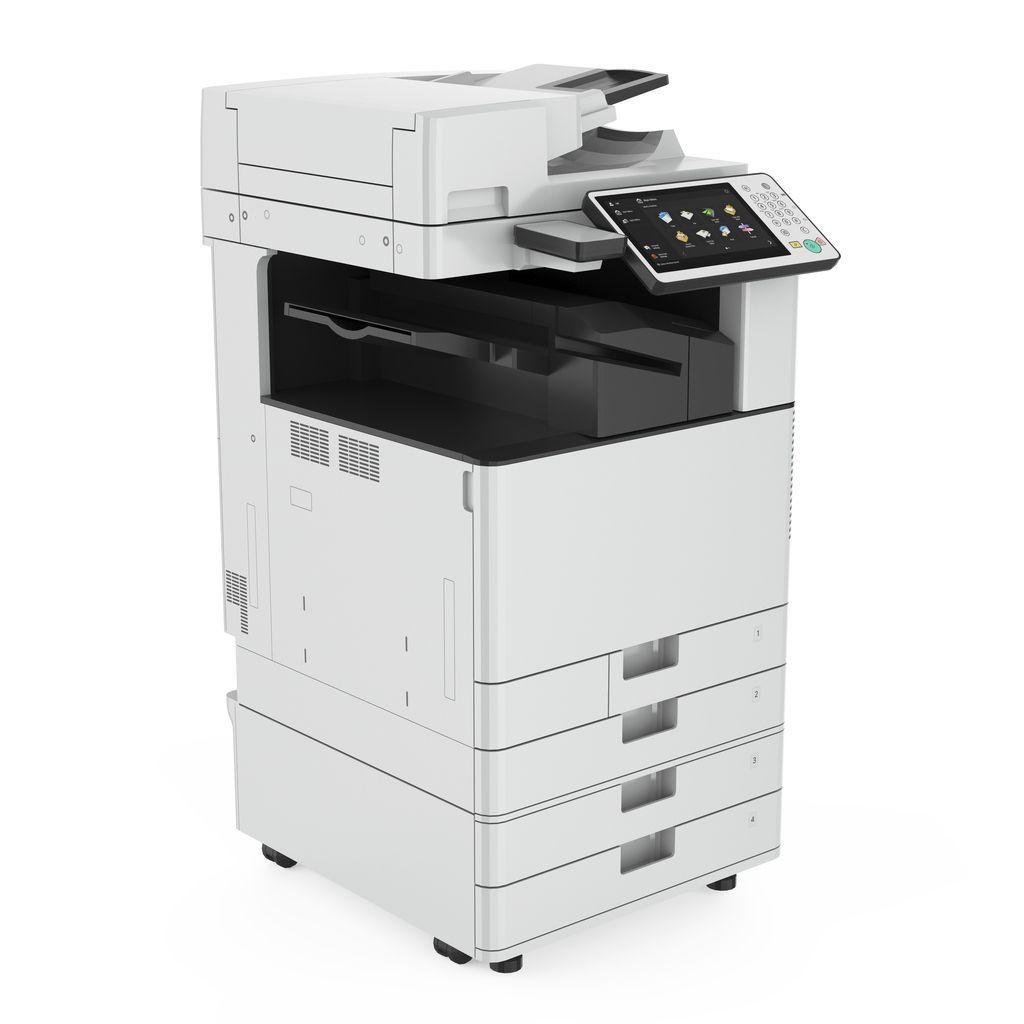 White multifunction office copier with touchscreen control panel and paper trays