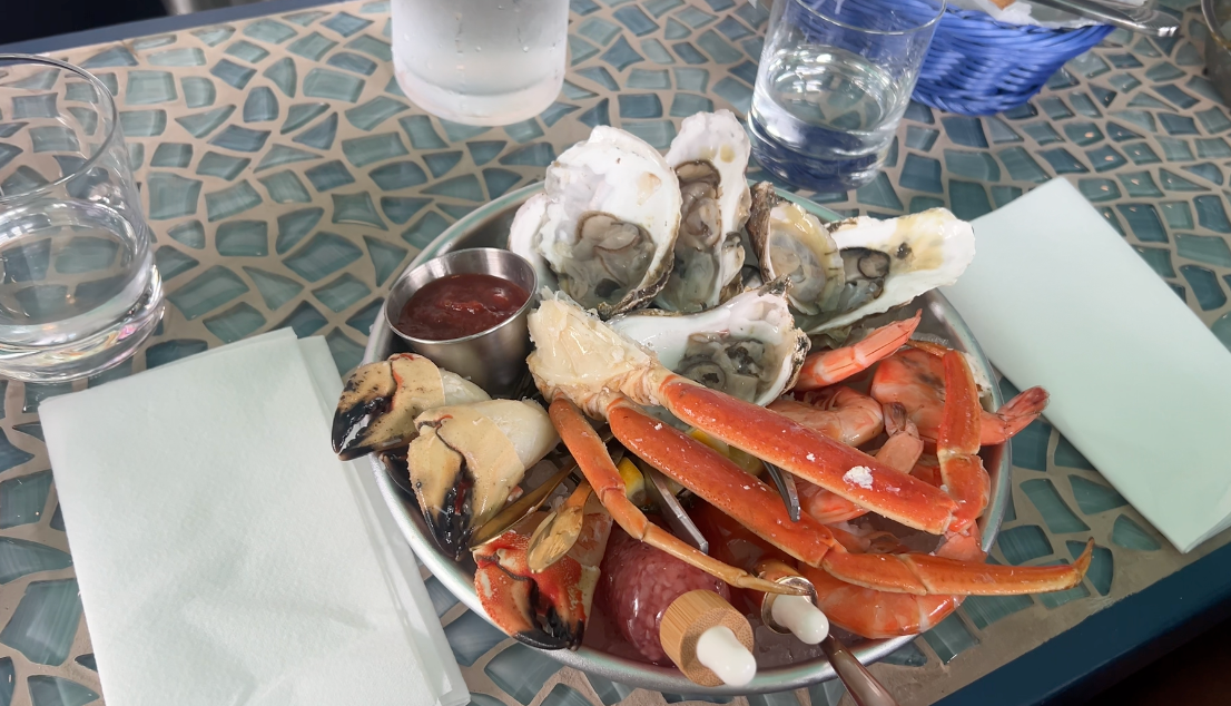 Grand Plateau with oysters, shrimp, a crab leg cluster and Jonah crab claws at EDWINS Oyster Bar in Cleveland Heights.