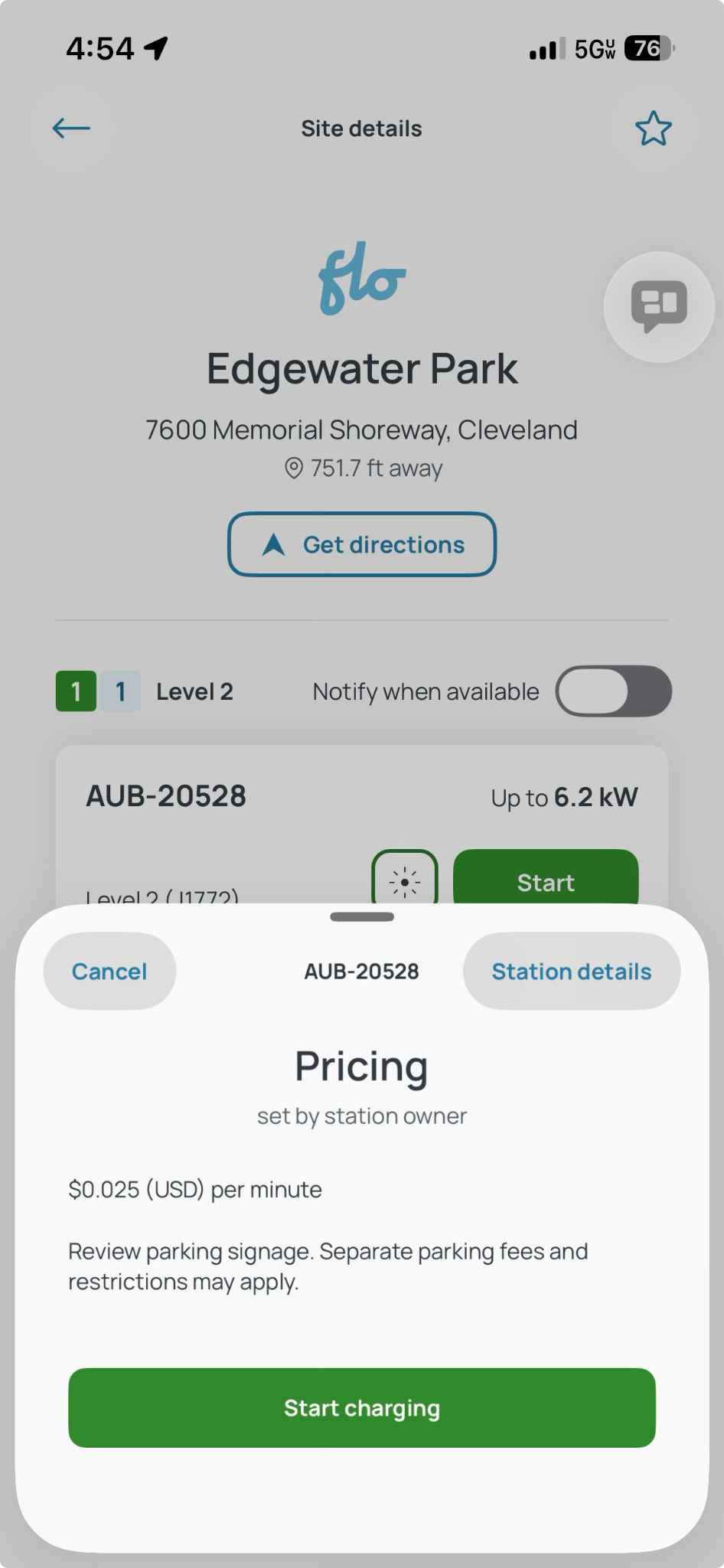 FLO app showing an Edgewater Park Level 2 J1772 charger priced at 2.5 cents per minute.