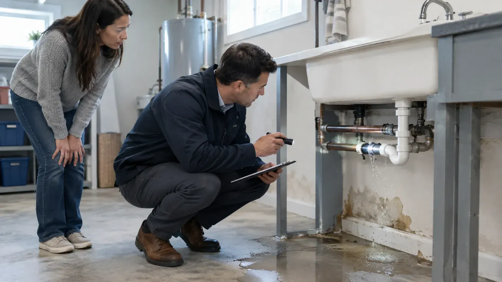 Adjuster checking a burst pipe under a sink for Is Water Damage From a Burst Pipe Covered