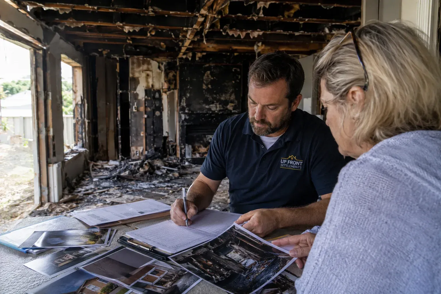 Public adjuster reviewing inventory documents with a homeowner while filing a fire damage claim.