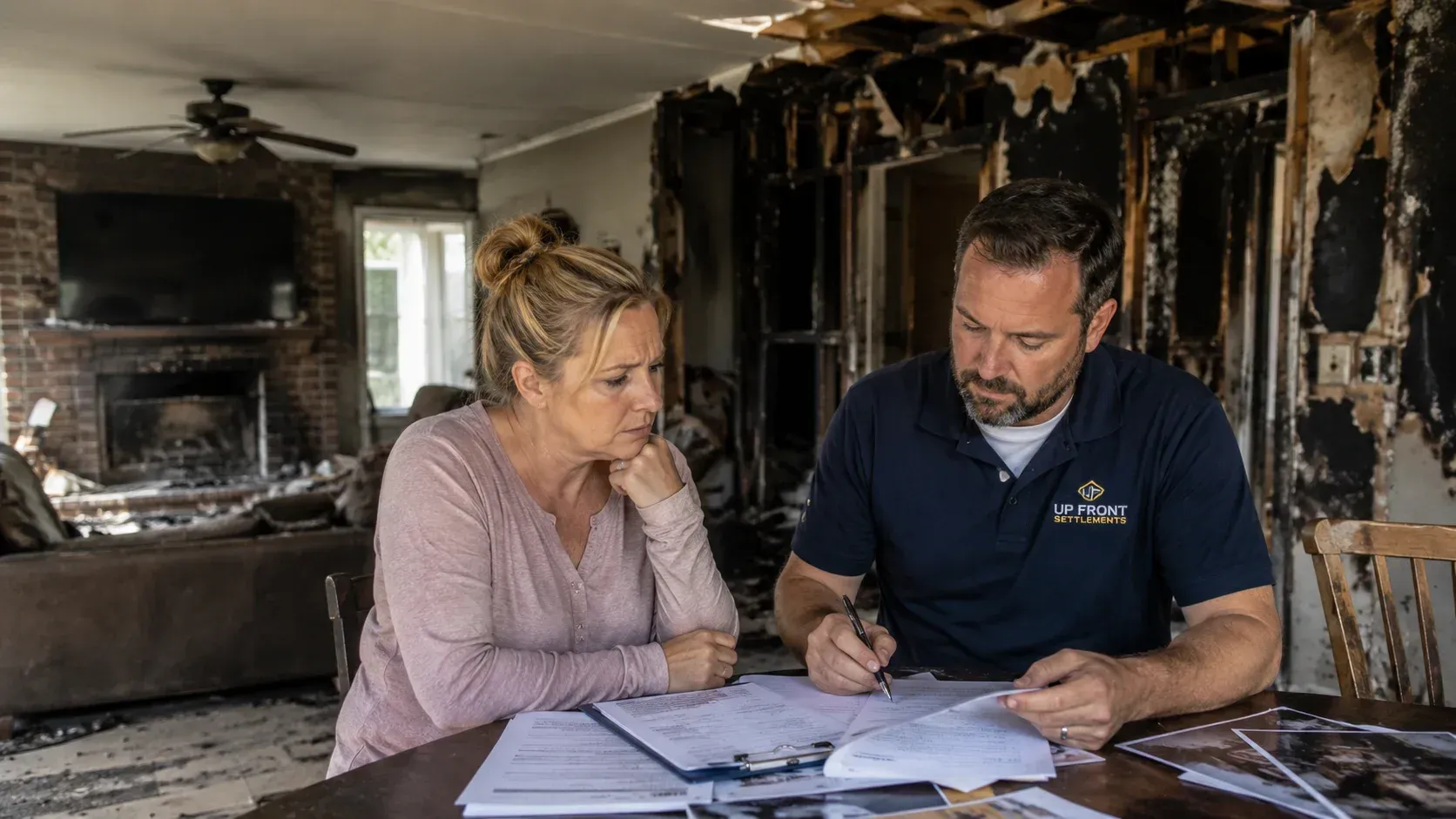 Public adjuster reviewing claim documents with a homeowner after an insurance claim was denied.