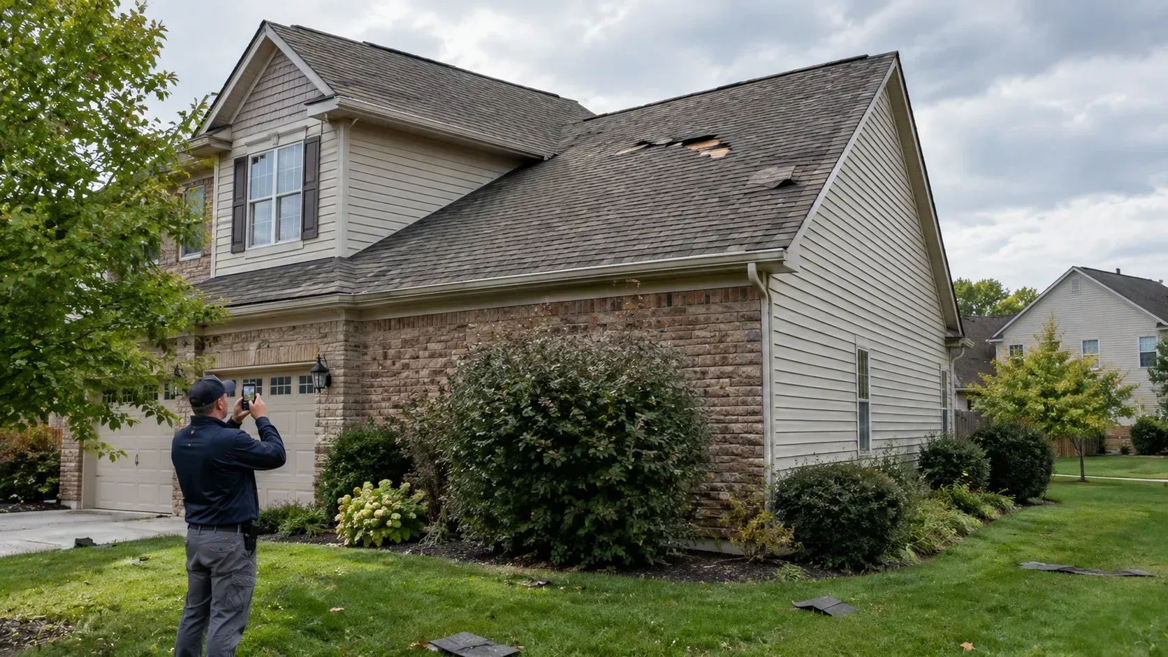 Adjuster photographing roof damage to see if missing shingles signal a bigger claim.