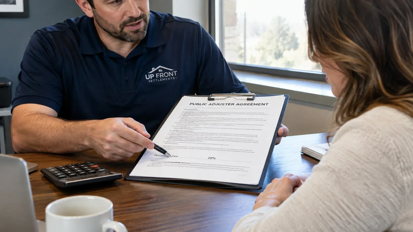 A public adjuster reviewing a written contract with a client, illustrating whether it is actually legal for a public adjuster to charge a percentage of your insurance settlement.