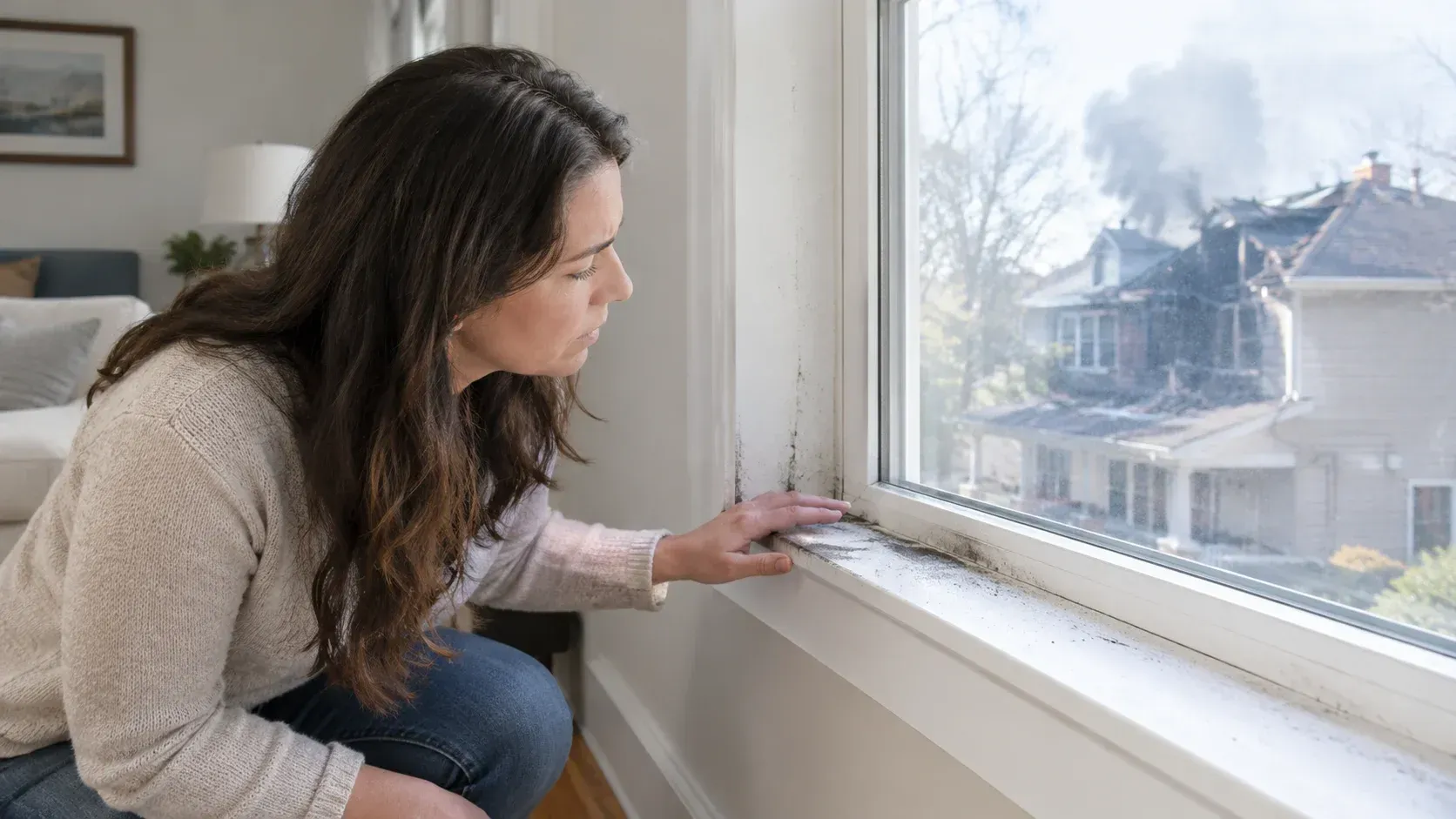 A woman inspecting soot and smoke residue on a window sill while looking out at a nearby house fire next door, illustrating the blog post about whether Does Homeowners Insurance Actually Cover Smoke Damage From a Neighbor's House Fire?.
