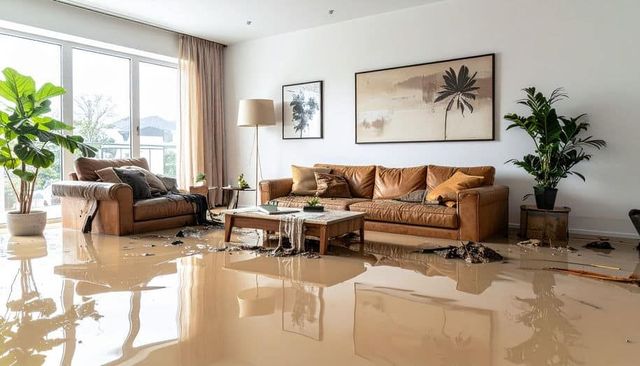 Living room flooded with muddy water; furniture and decor partially submerged.