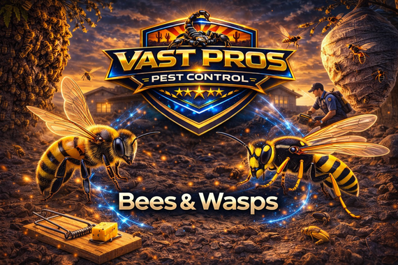 A wasp and two bees in flight, likely interacting near a dark, wet surface.