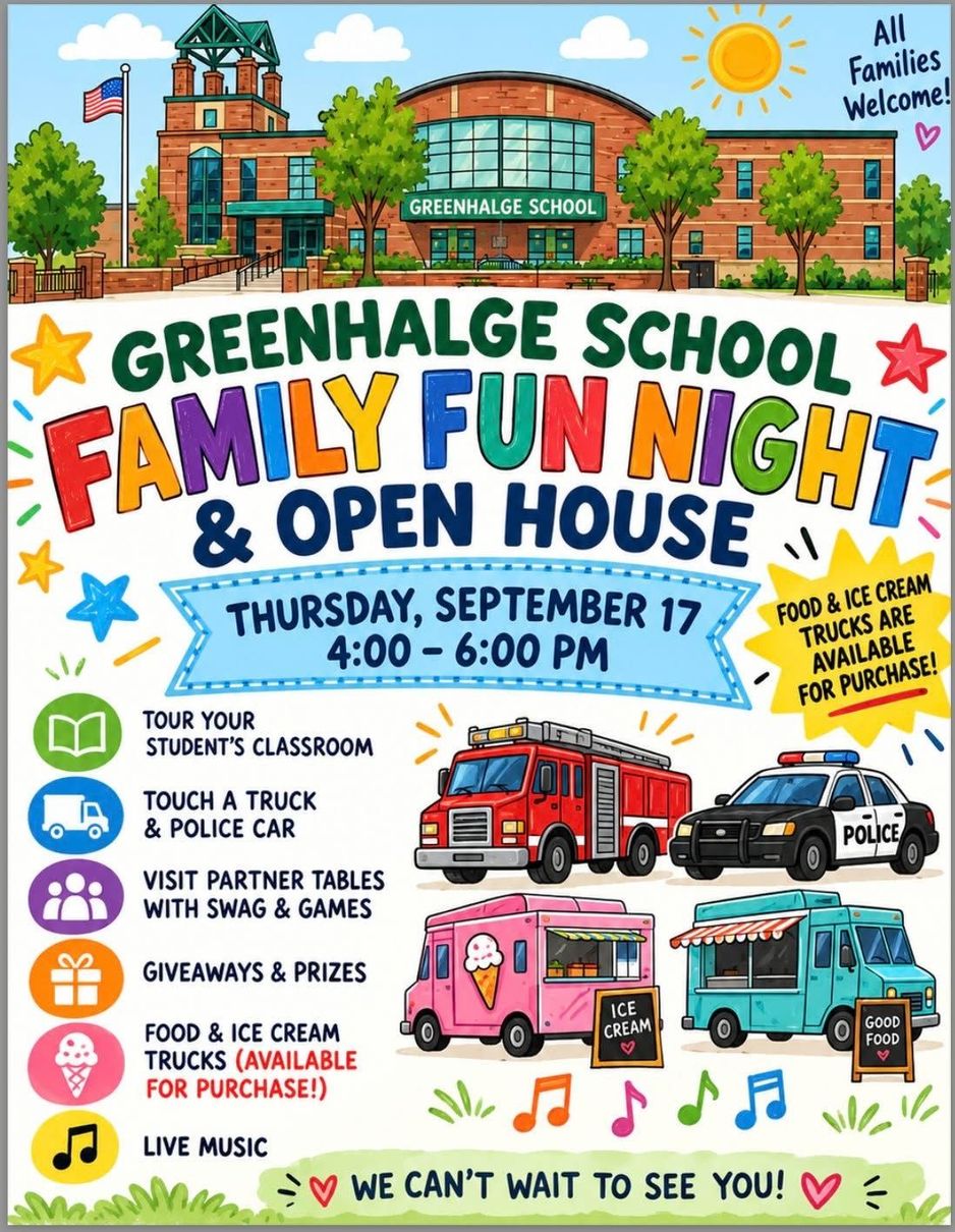 Greenhagle School Family Fun Night poster with activities, food trucks, music, Sept. 17, 4–6 PM