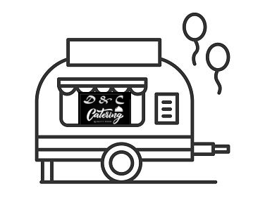 Food truck, gray, selling Cajun and soul food. D&C Catering logo, awning open.
