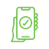 A green line-art icon of a hand holding a smartphone, displaying a checkmark in a circle to indicate success or completion.