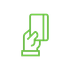 Green line art icon of a hand holding a vertical rectangular card.