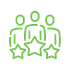 A green line icon of three stylized figures standing together, each positioned above a star.