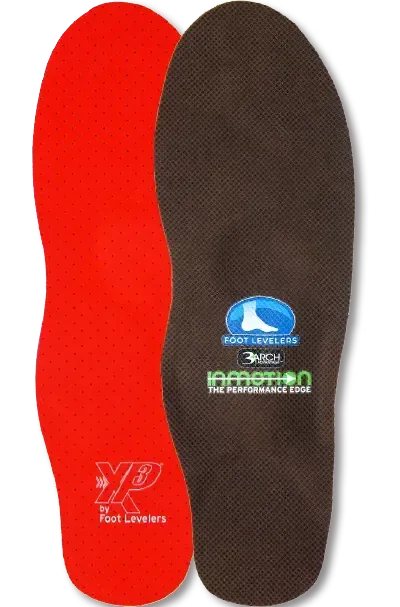 A pair of red and brown insoles with the letters xp on them