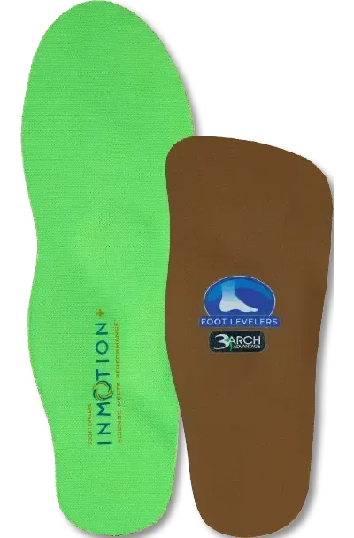 A pair of green and brown insoles with the word in motion on them
