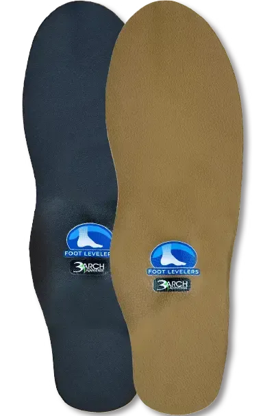 A pair of black and brown insoles with a blue logo on them