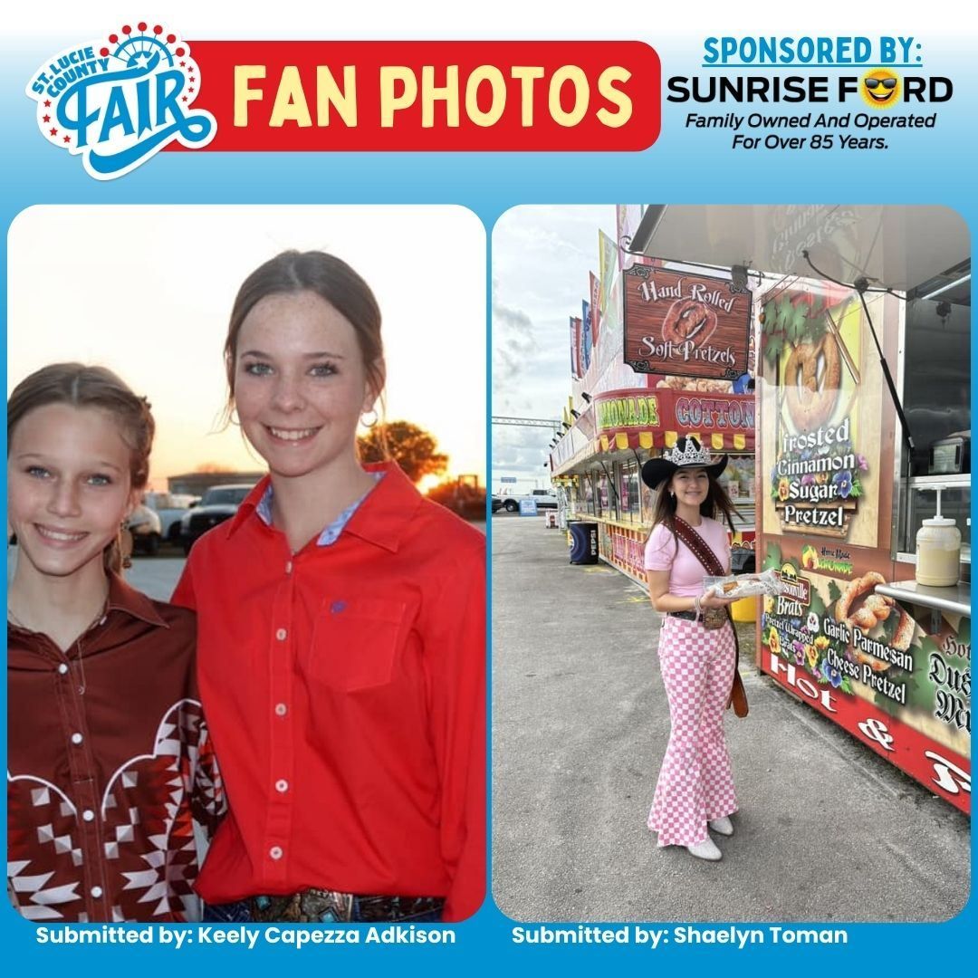 Two fan photos: two people posing in red shirts, and a girl posing by a concession stand.