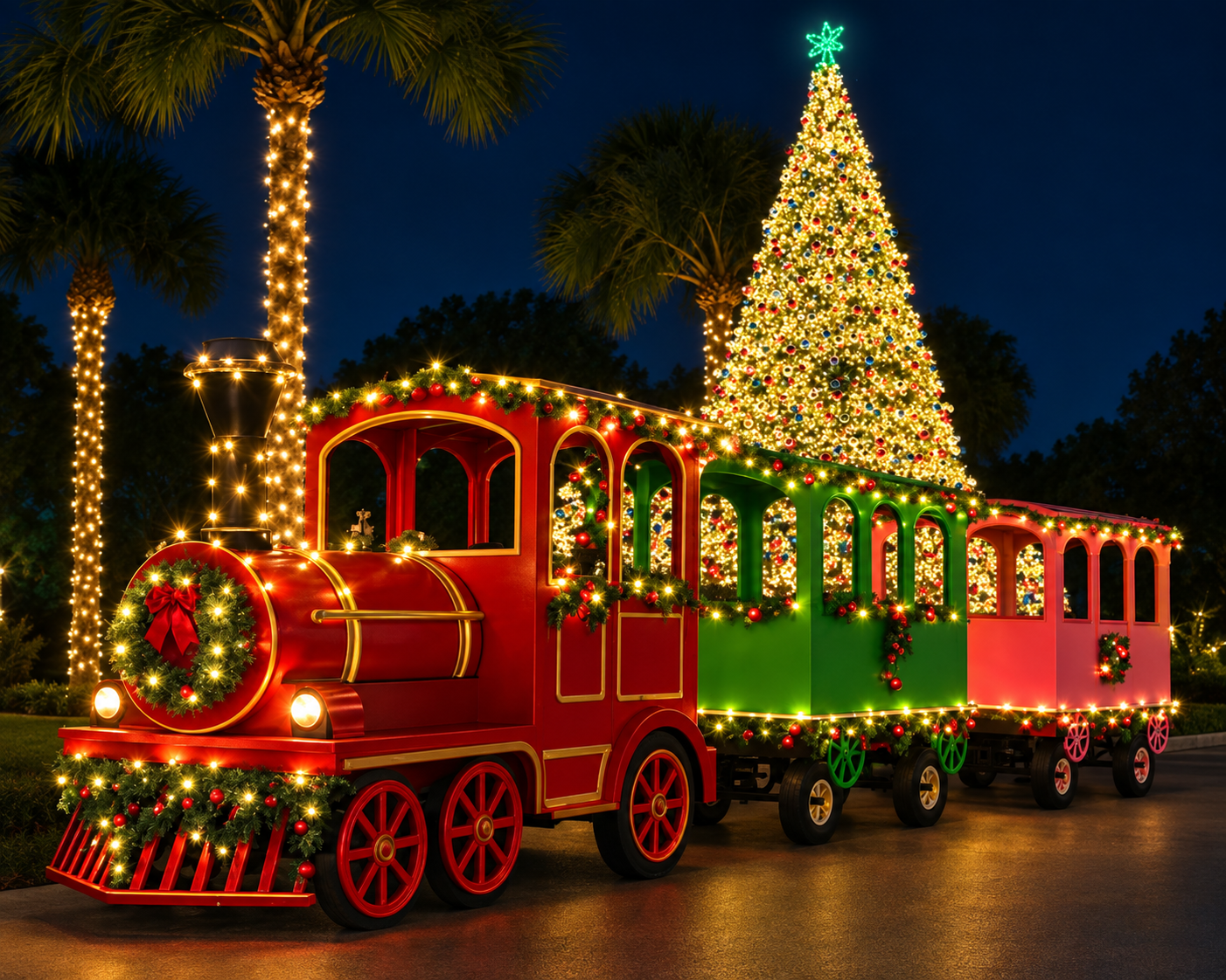 Festive red train and lit Christmas tree glowing with colorful holiday lights at night