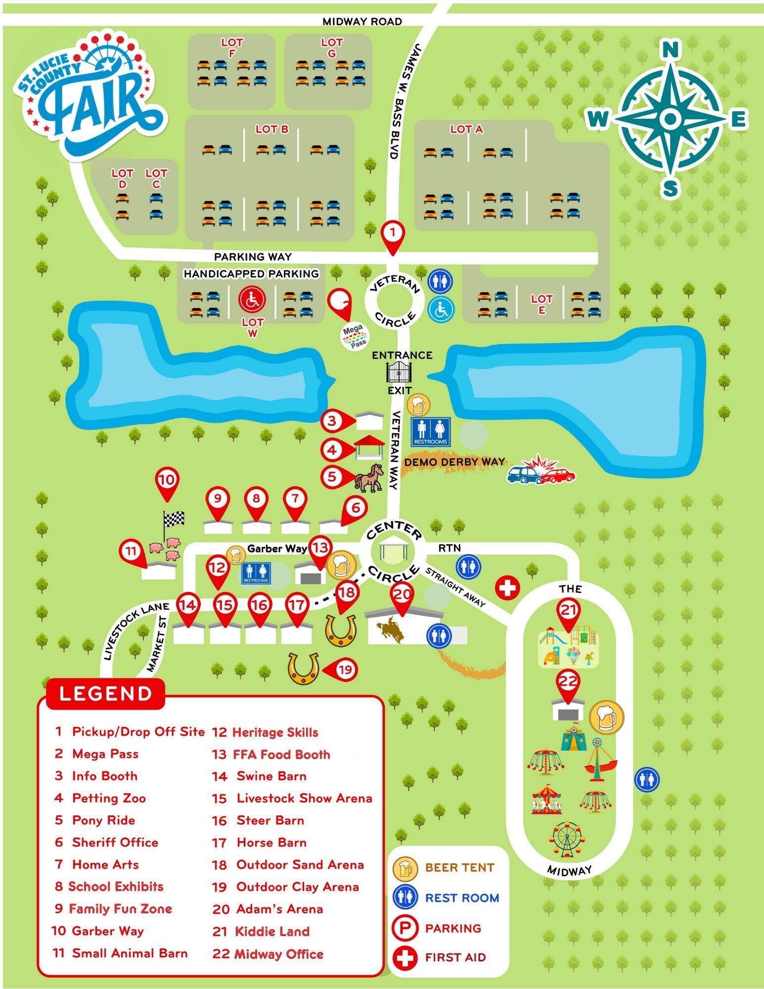 Illustrated fairground map with rides, paths, ponds, and numbered attractions in green and blue.