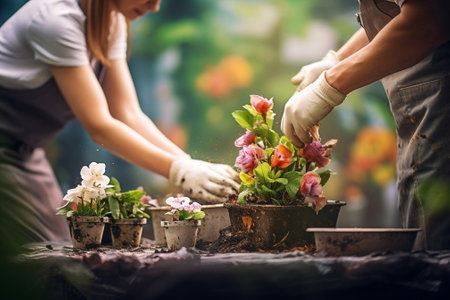 Hands potting colorful flowers in small pots on a garden table outdoors