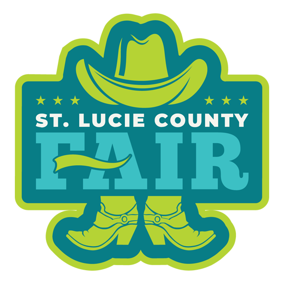 St. Lucie County Fair logo with a lime-green cowboy hat, boots, and turquoise text on a teal background