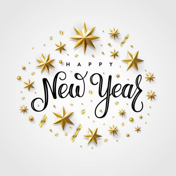 Gold starburst “Happy New Year” text on a white background