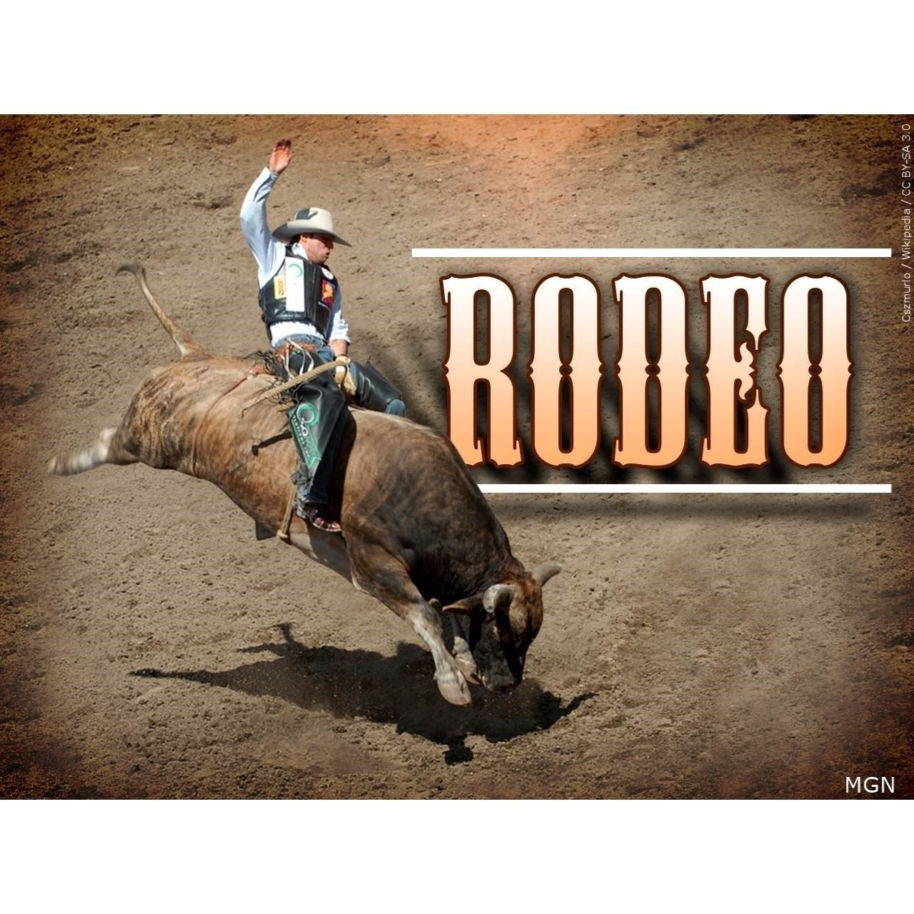 Rodeo rider on a bucking bull beside large “RODEO” text