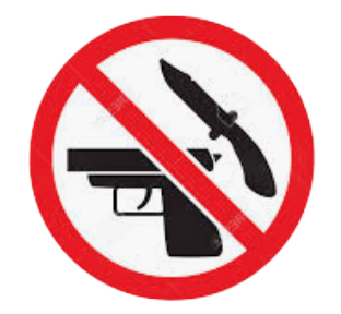 No guns allowed symbol with red circle and slash over a black pistol and knife