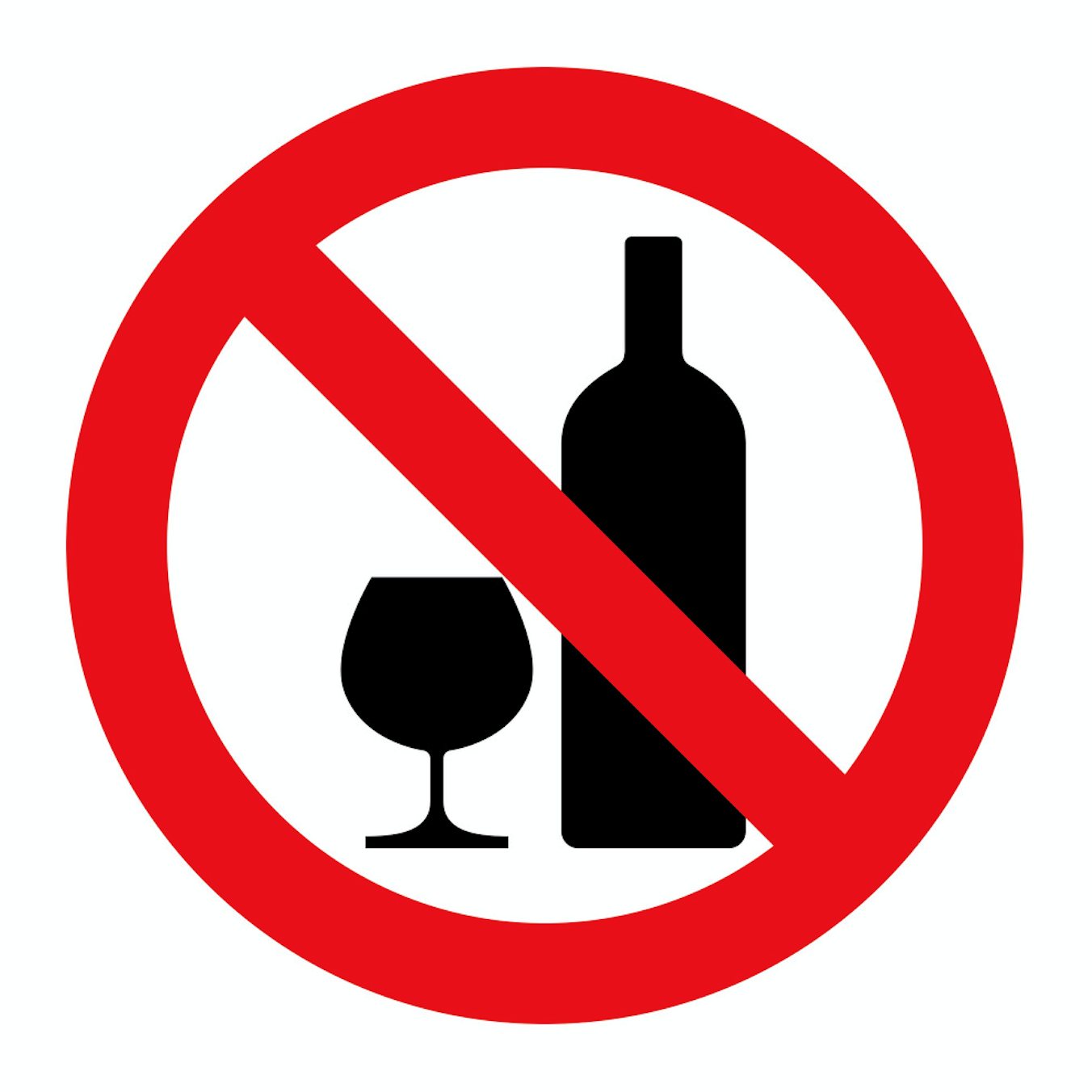 No alcohol allowed sign: wine glass and bottle crossed out in red circle