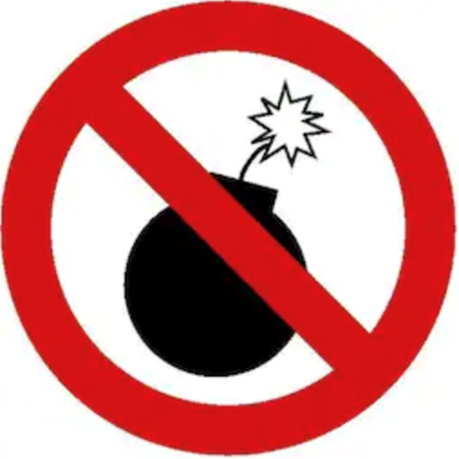 No fireworks sign: black bomb with lit fuse crossed out by red prohibition symbol