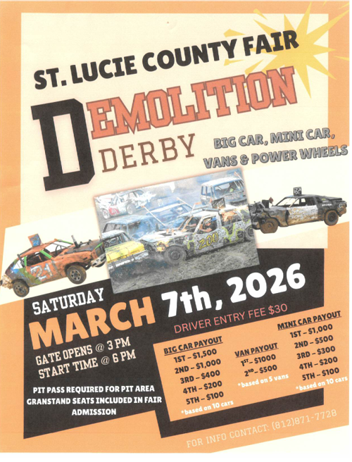 St. Lucie County Fair demolition derby poster, March 7, 2026, with crashing cars and bold orange text