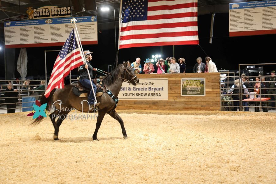 Rider on black horse in indoor arena with American flag, rodeo crowd, and announcer stand