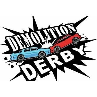 Demolition Derby logo with blue and red crash cars over a black starburst background