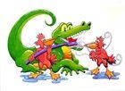 Green cartoon crocodile with a pink bird-like character beside it on a white background