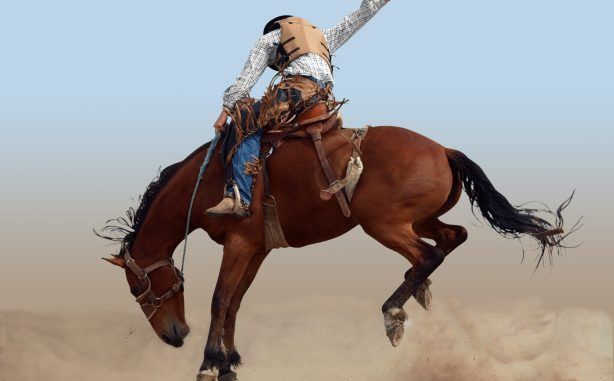 Bull rider in a cowboy hat bucking on a brown horse in a dusty arena