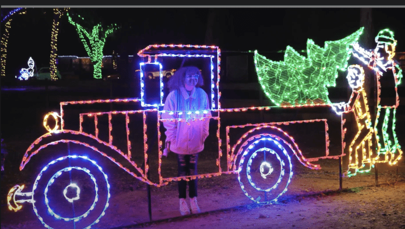 Illuminated truck-shaped holiday light display with a glowing driver figure and green light decoration