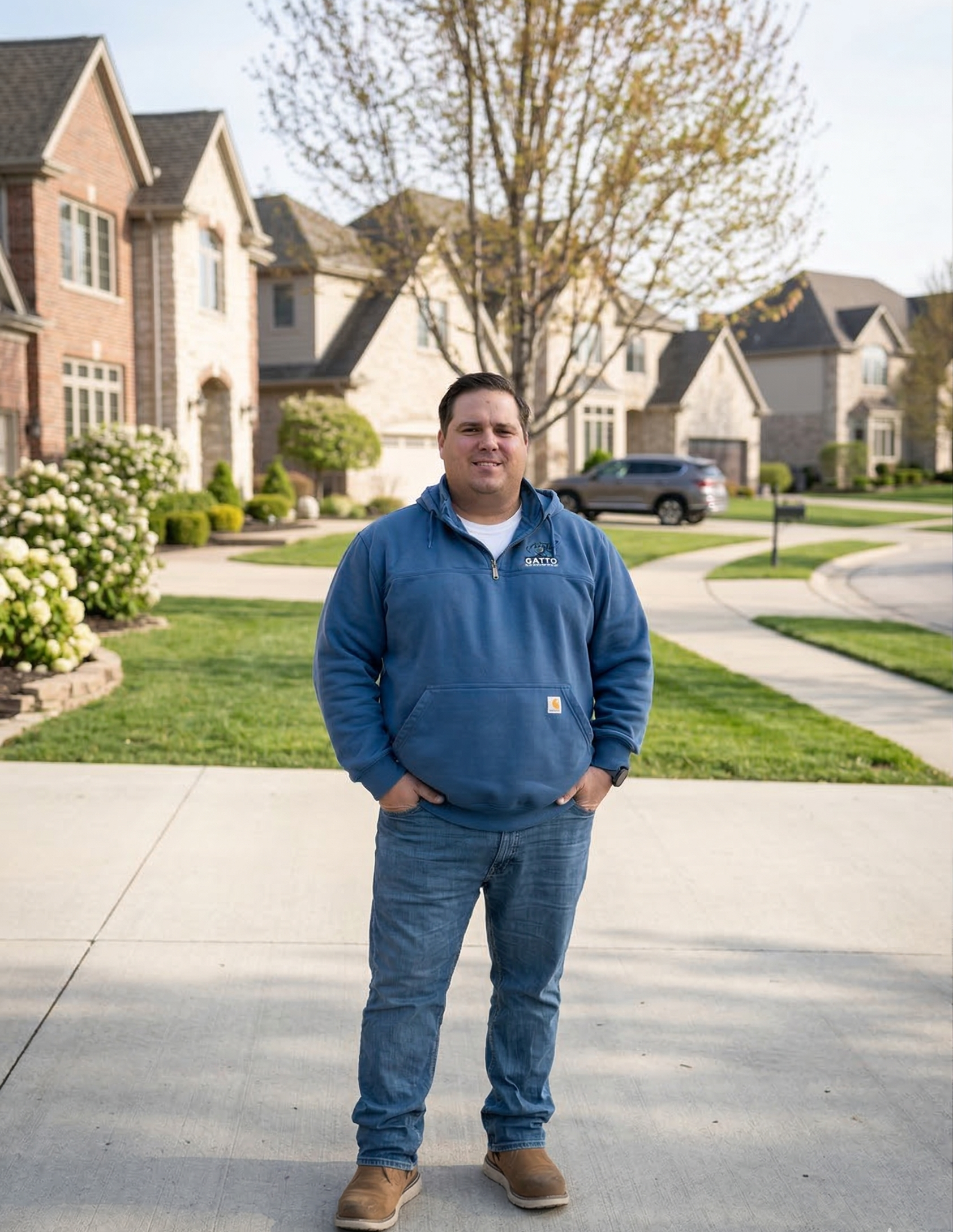 A person in a blue quarter-zip sweatshirt and jeans stands in a suburban driveway on a sunny day.