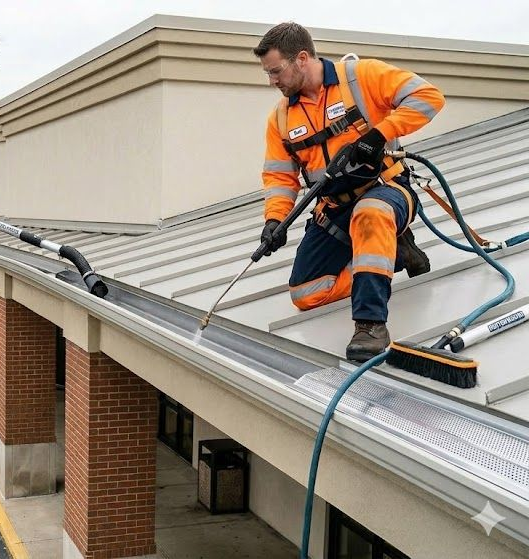 A worker in high-visibility orange gear uses a pressure washer to clean a metal roof gutter on a commercial building.