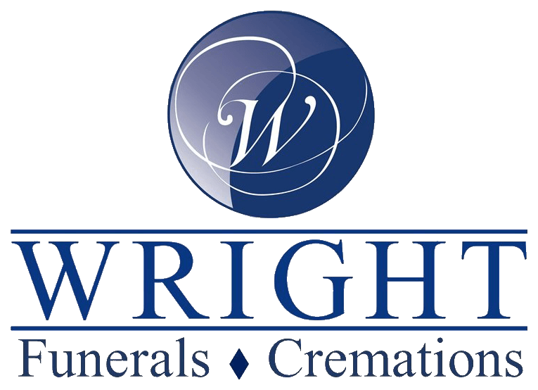 The logo for wright funerals cremations is blue and white