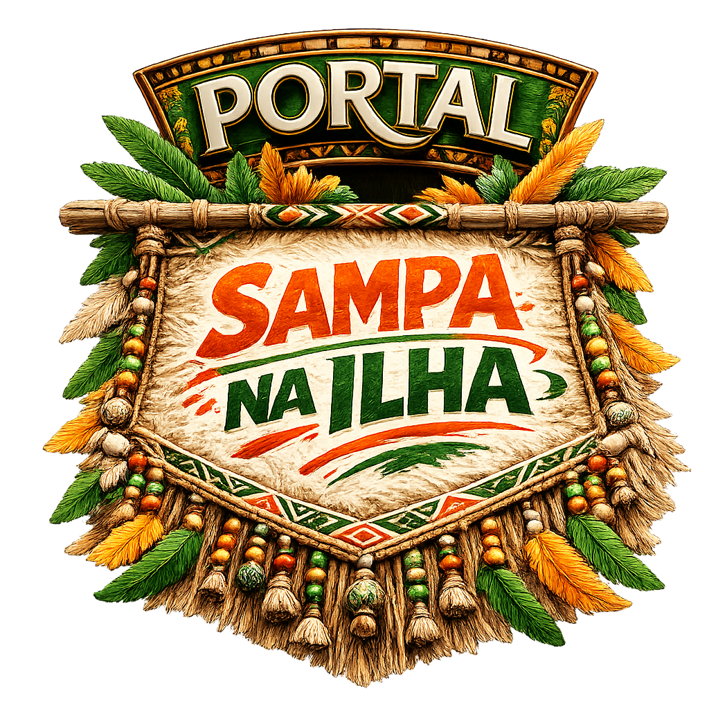 Logotipo “Portal Sampa na Ilha” com desenho de folha tropical verde, laranja e bege