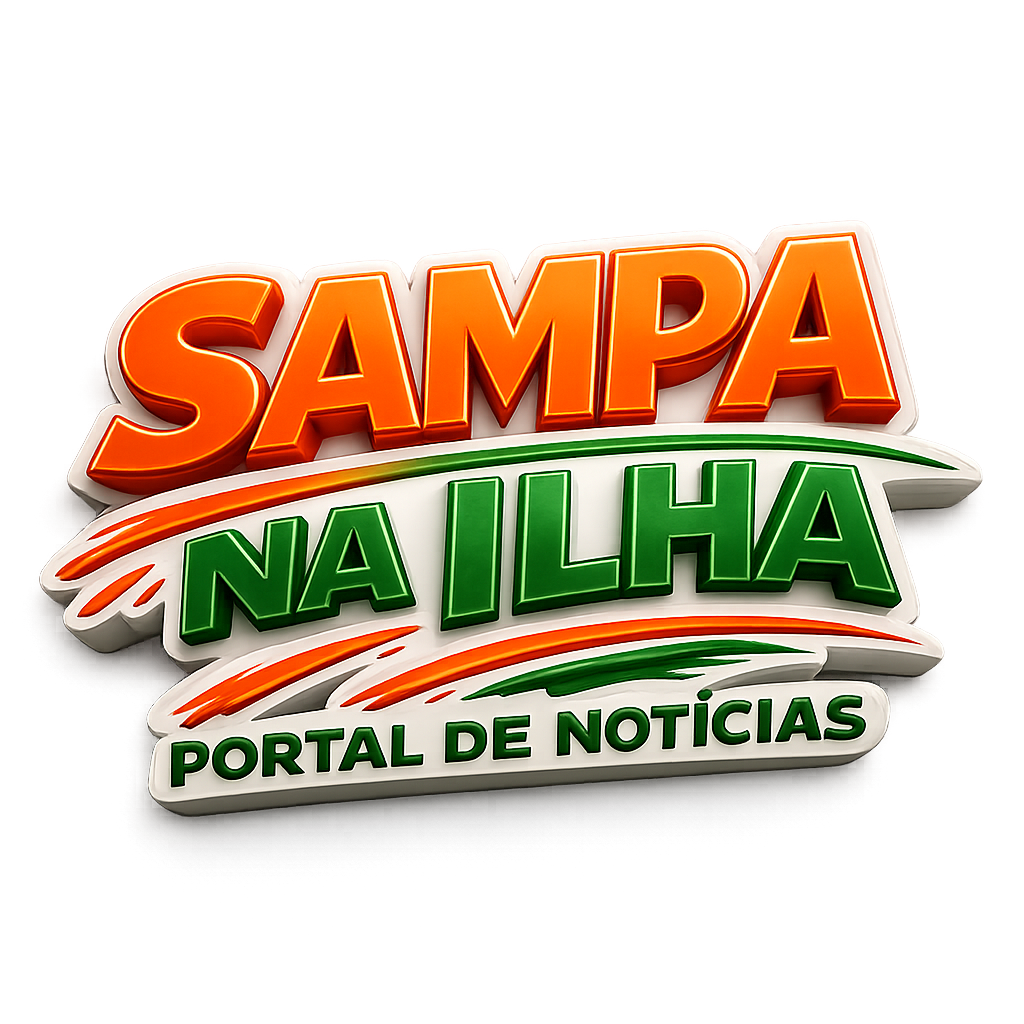 Logotipo “Portal Sampa na Ilha” com desenho de folha tropical verde, laranja e bege