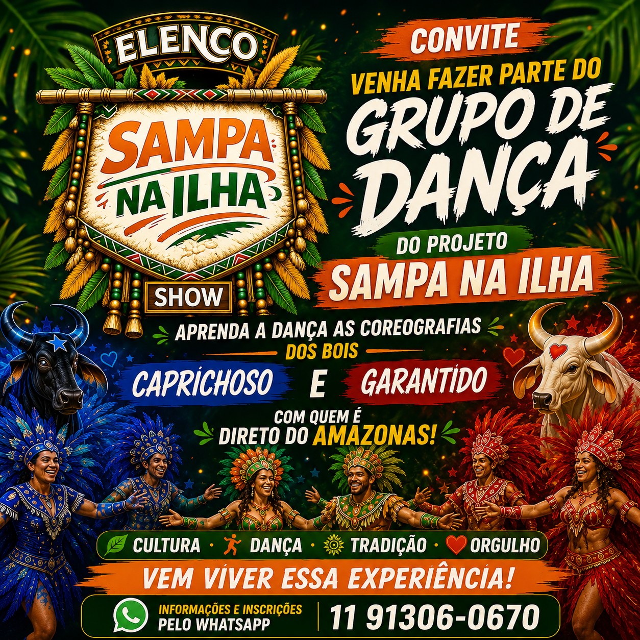 Colorful poster inviting viewers to join the “Sampa na Ilha” dance group show at Grêmio do Amazônas.