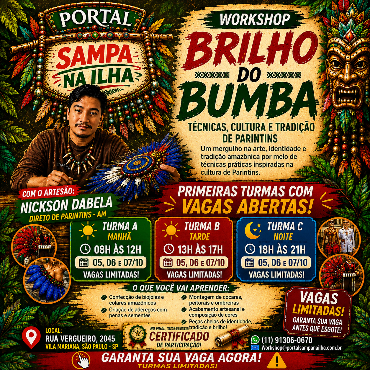 Cartaz colorido de workshop “Brilho do Bumba”, com fotos, agenda, vagas abertas e informações de inscrição.